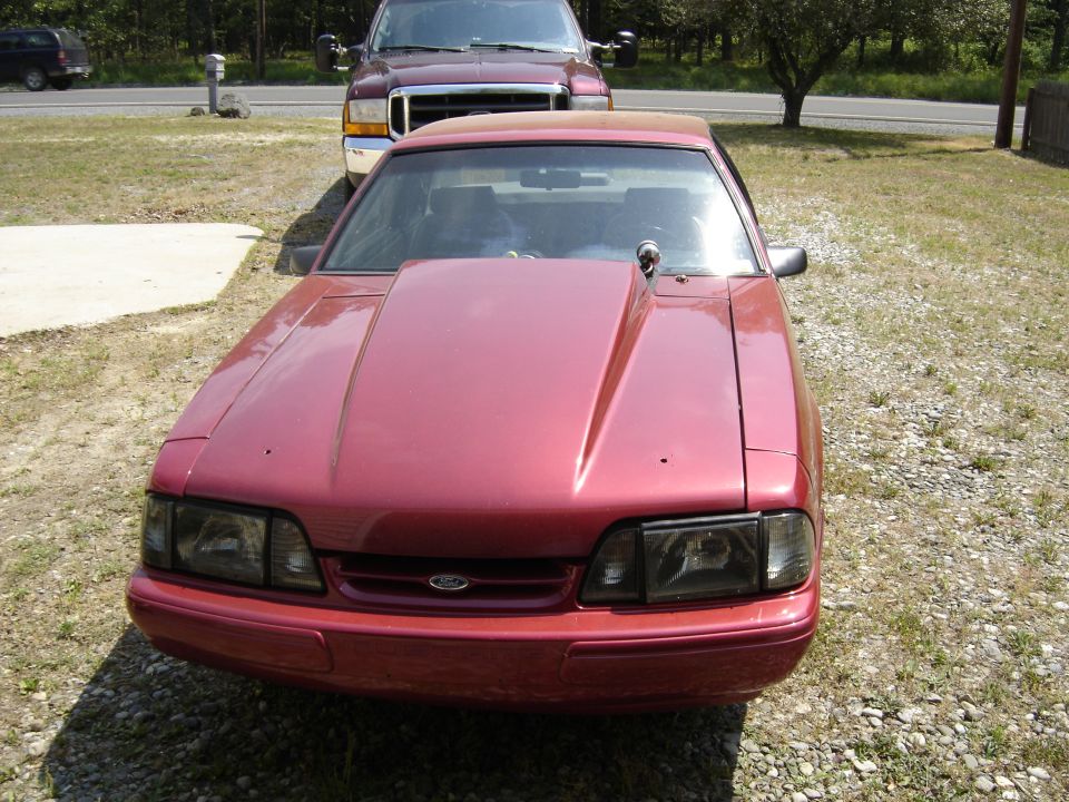 Red coupe with aftermarket hood scoop, front view. Registry claims 1988 Ford Bronco