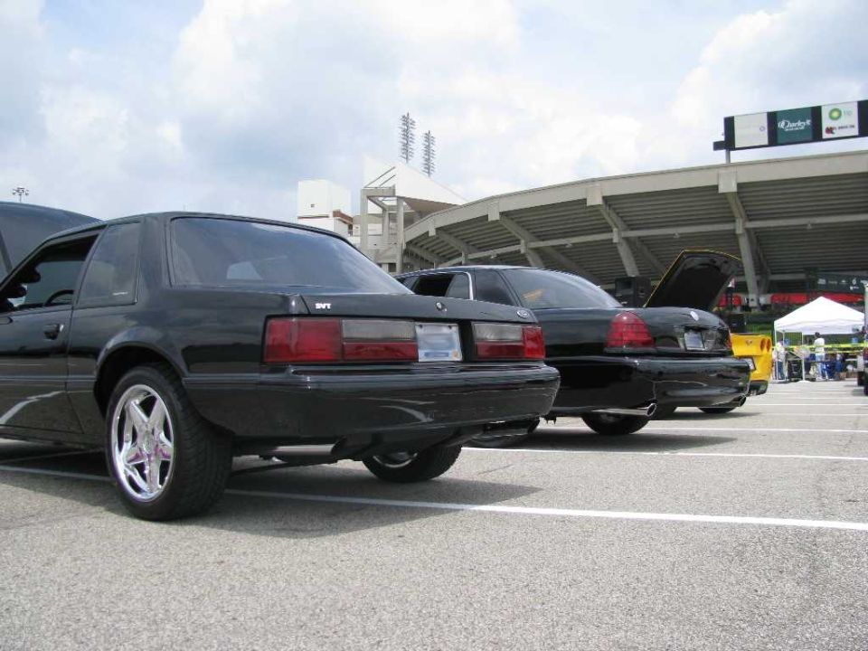 Black 1993 Ford Mustang SVT Cobra parked at a car show, rear view. Another black sedan is behind it