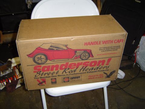 1978 Ford Bronco - Cardboard box for Sanderson Street Rod Headers, a graphic of a red hot rod and product information.