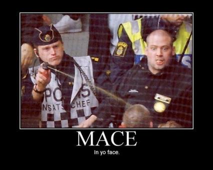 2000 Mercury Grand Marquis - Police officers are shown with mace, with text overlaying the image.