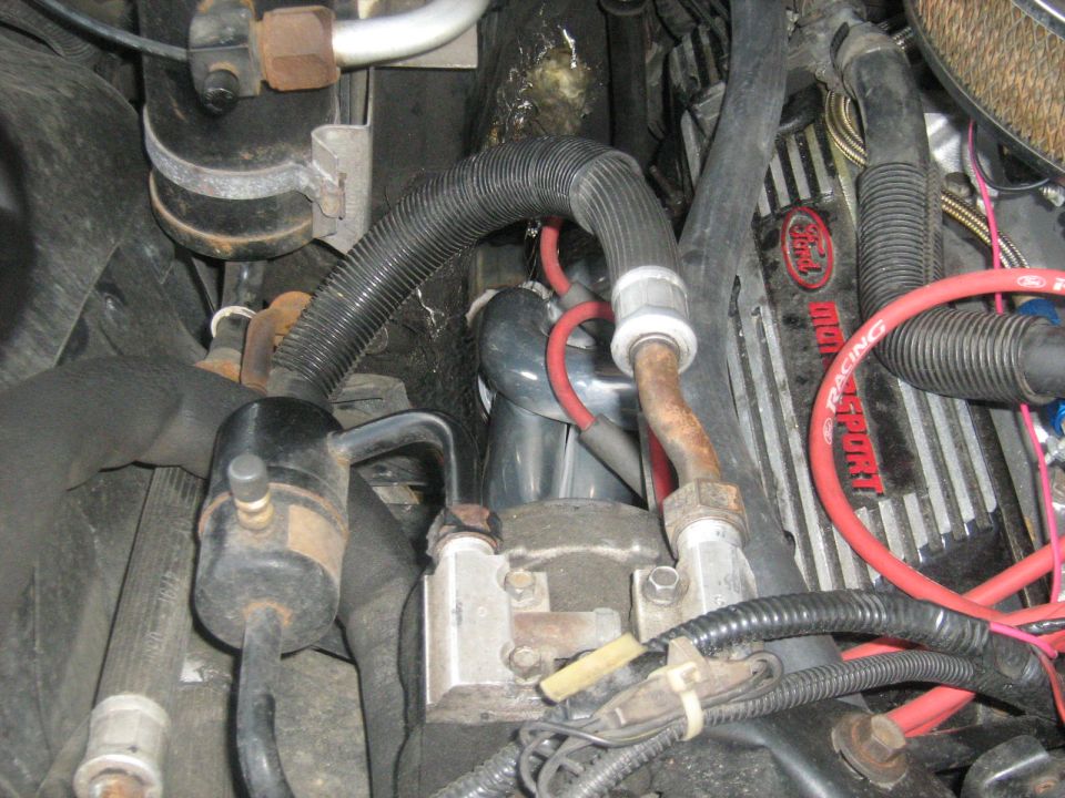 Engine bay detail with red Ford Motorsport plug wires and hoses