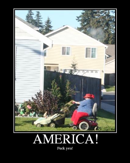 2000 Mercury Grand Marquis - A person in a motorized wheelchair pushes a lawn mower across a grassy yard.
