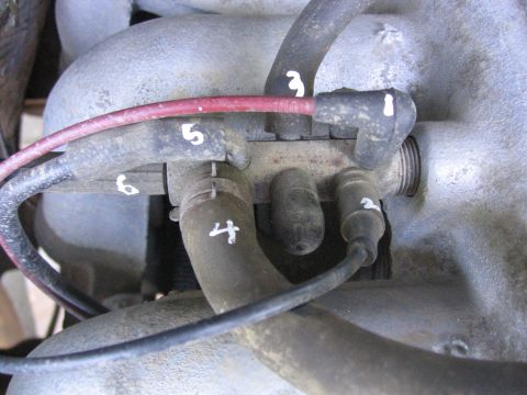 1989 Ford Bronco - Engine fuel injector assembly with numbered hoses and wires, likely for diagnostic purposes.