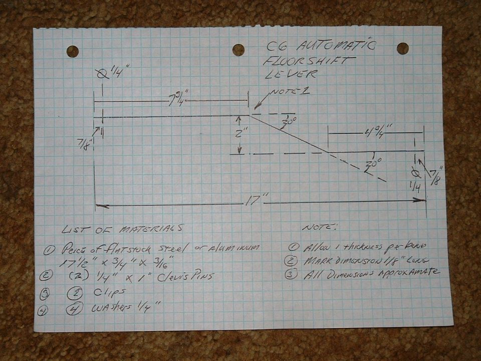 Hand-drawn dimensioned drawing of a C6 automatic floor shift lever with materials list