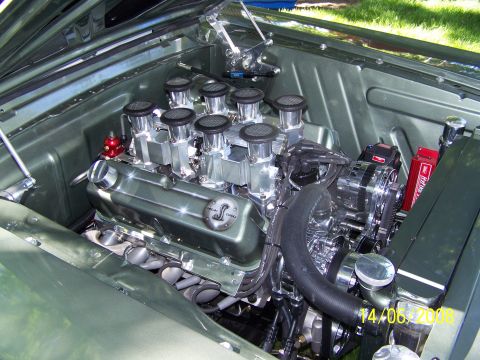 1972 Ford Ranchero - The engine bay features a highly customized V8 with a Shelby Cobra valve cover and multiple carburetors.
