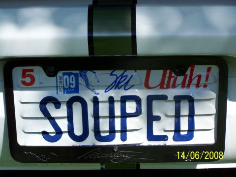 1972 Ford Ranchero - The license plate reads SOUPED and features a ski graphic and Utah state text.