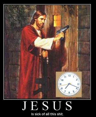 2000 Mercury Grand Marquis - This image depicts Jesus with firearms, accompanied by text and a clock.