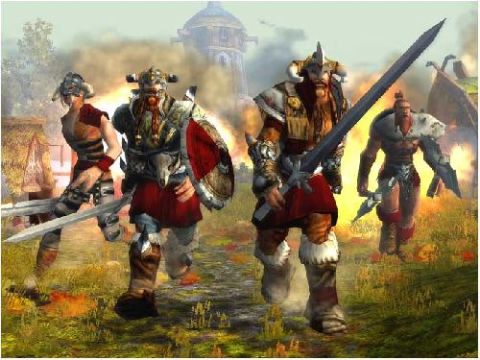 1991 Ford Crown Victoria - A group of Viking warriors, armed with swords and shields, advance through a rustic landscape with a castle in the background.