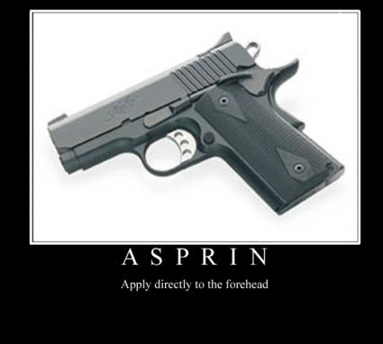 2000 Mercury Grand Marquis - A pistol is shown with text that reads 'ASPRIN Apply directly to the forehead'.