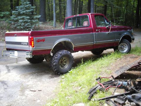 1994 Ford F-150 - This lifted Ford F-150 pickup truck is shown from a rear three-quarter perspective.