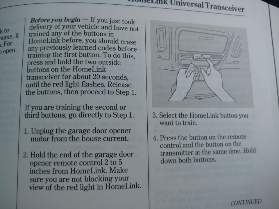 HomeLink Universal Transceiver owner's manual page with garage door opener training steps and illustration