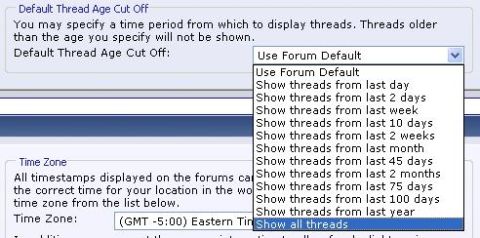 1985 Ford LTD Crown Victoria - Screenshot of a vBulletin-style forum settings page showing a Default Thread Age Cut Off dropdown, not a vehicle technical document.