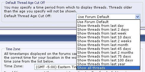 Screenshot of a web forum settings page with a thread age cut-off dropdown