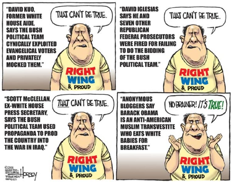 Political cartoon: Man in "Right Wing & Proud" shirt reacts to statements, disbelieving some and believing a wild accusation.