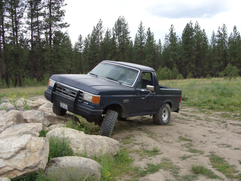 Topless dark blue Ford Bronco crawling over boulders in a grassy pine clearing