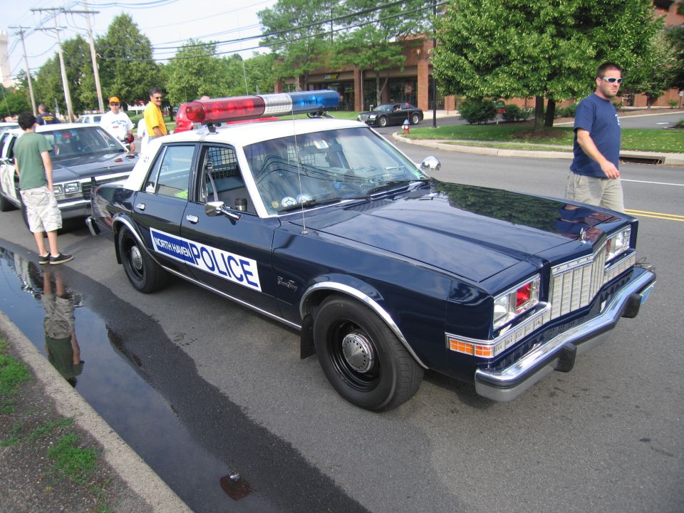 Dark blue POLICE sedan with red light bar and people standing nearby outdoors