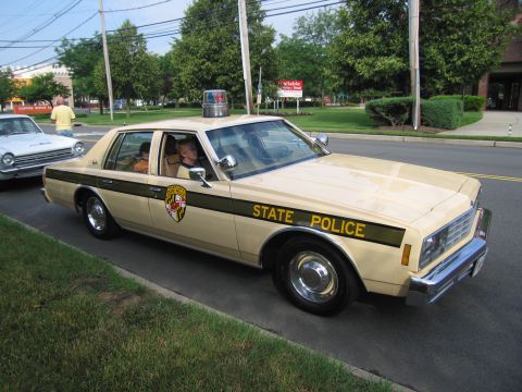 1991 Ford LTD Crown Victoria - tan vintage four-door police sedan lettered STATE POLICE with a gold-and-black door shield and single roof beacon, parked curbside by trees.
