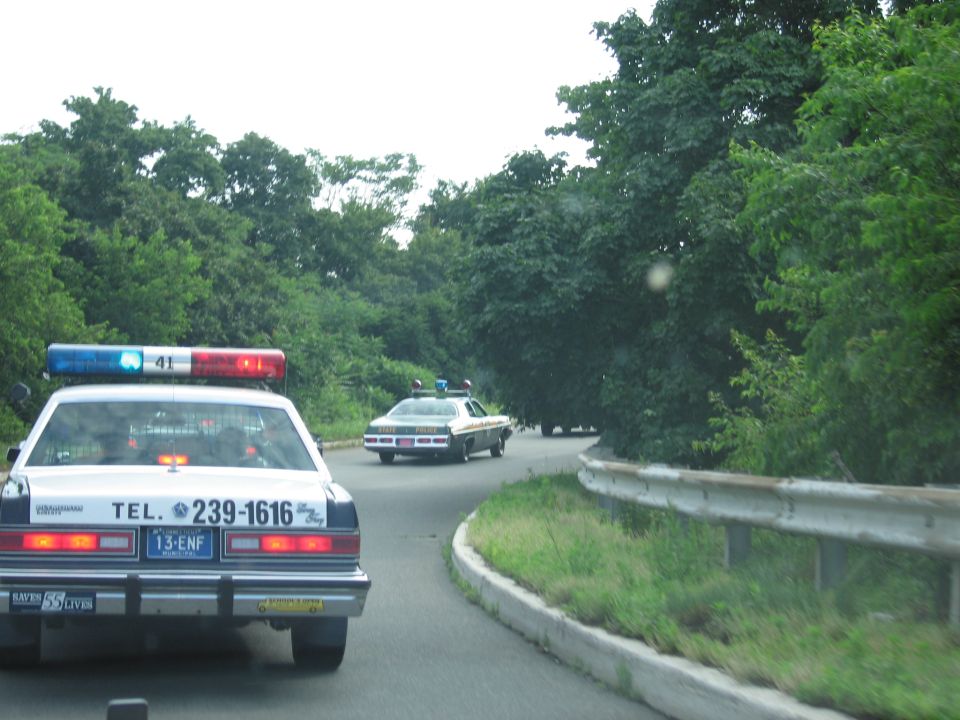 View past a TEL. 239-1616 cruiser toward another police car on a wooded road