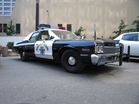 1991 Ford LTD Crown Victoria - black-and-white Dodge Highway Patrol cruiser with a star emblem on the door, push bar, and roof lightbar parked beside a building.