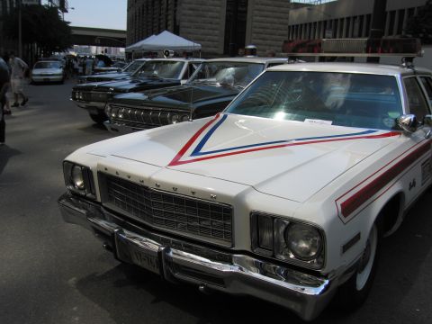 1991 Ford LTD Crown Victoria - Front view of a white Plymouth police sedan with a red, white and blue hood stripe and push bar, lined up with other cars at an outdoor sho…