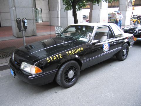 1991 Ford LTD Crown Victoria - black Ford Mustang 5.0 marked STATE TROOPER in gold with a round state seal on the door, parked at a city curb by a parking meter.