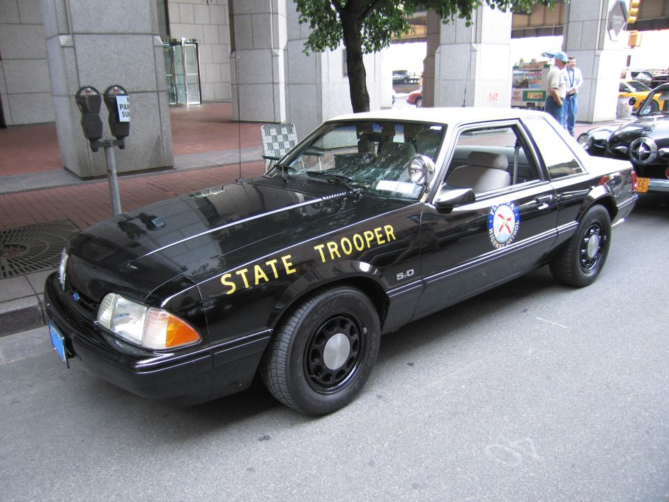 Black Ford Mustang 5.0 State Trooper car with gold lettering and door seal