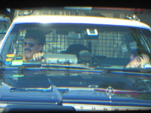 1991 Ford LTD Crown Victoria - Through a sun-glared windshield, a mustached driver in sunglasses sits at the wheel of a vintage Chrysler-badged police car.