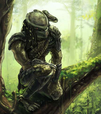 1991 Ford Crown Victoria - An alien hunter, known as the Predator, is depicted in a dense jungle environment, perched on a thick, overgrown branch.