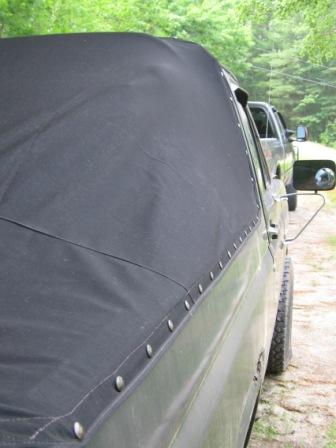 1993 Ford Bronco - Custom made boat canvas Fastback style soft top, no rear window. Snaps attached to body. Passenger side view.