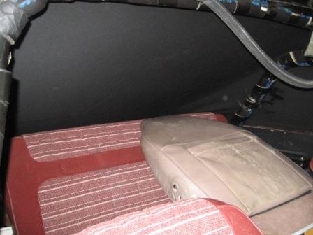 1993 Ford Bronco - Custom made boat canvas Fastback style soft top, no rear window. Snaps attached to body. Interior shot of rear seat with top on.