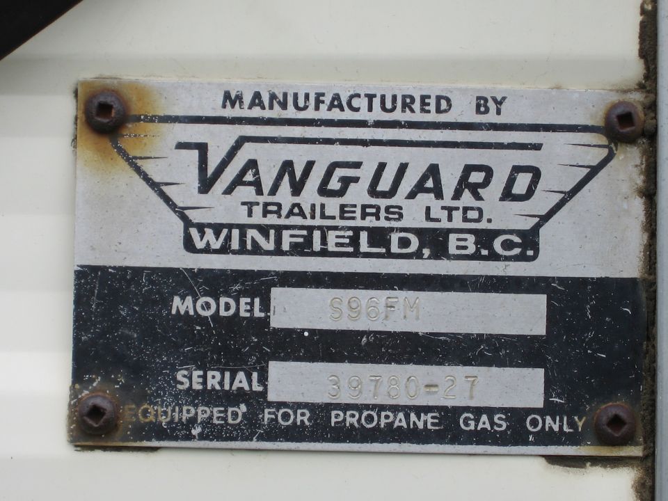 Vanguard Trailers Ltd. data plate with model S96FM and serial 39780-27.