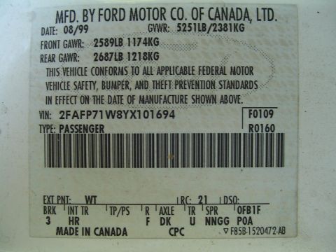 2000 Ford Crown Victoria - Manufacturing and VIN information plate from a vehicle manufactured in August 1999.