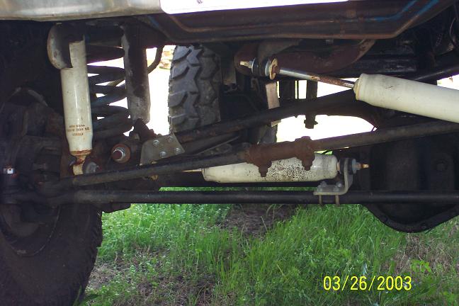 Undercarriage view of vehicle suspension and steering components