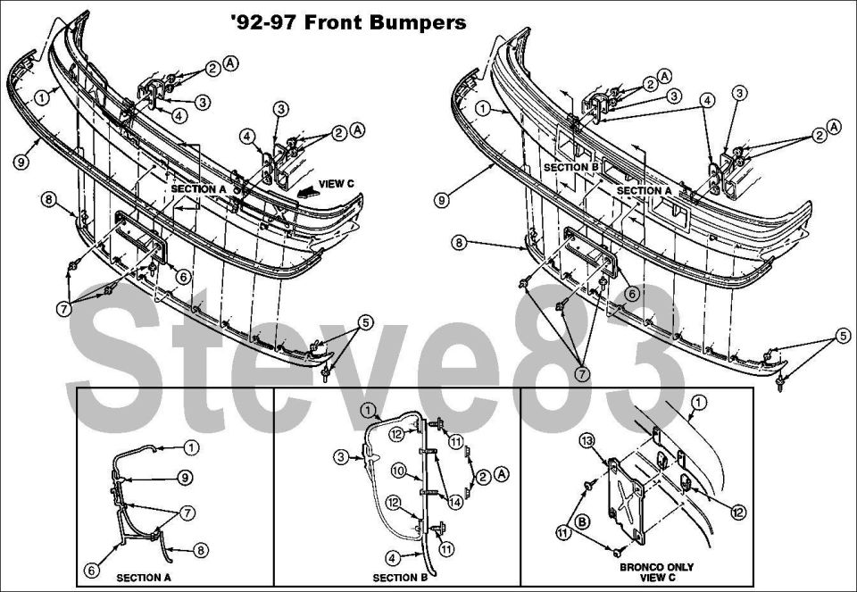 Exploded line-drawing diagram of 1992-97 front bumpers