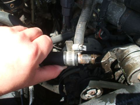 1990 Ford Bronco - line on the water pump blew...leads to this 3-way. Of course this 3-way is junk, it's sunday, it's hot outside....etc