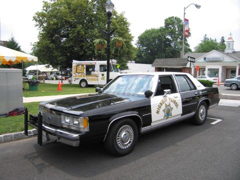 1991 Ford LTD Crown Victoria - Front three-quarter of a black-and-white Ford Highway Patrol sedan with a push bar at a street fair.