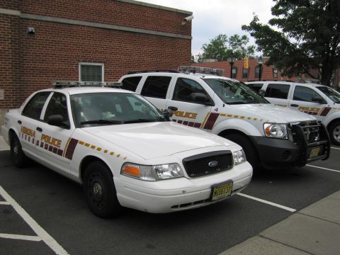 1991 Ford LTD Crown Victoria - white Verona Police Ford Crown Victoria with maroon striping parked beside a police SUV at a brick building.
