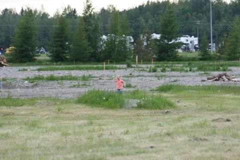 1990 Chevrolet Suburban - A child in an orange shirt stands alone in a grassy, gravel-strewn lot marked with orange survey stakes, with a spruce treeline and distant…