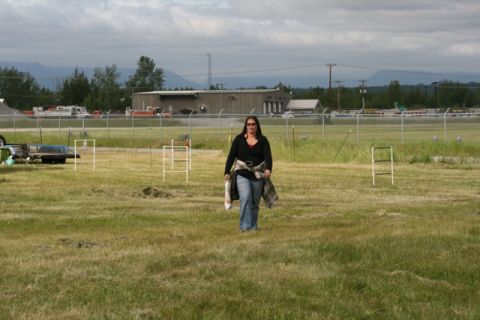 1990 Chevrolet Suburban - A woman walks in a field with industrial buildings and mountains in the distance under a cloudy sky.