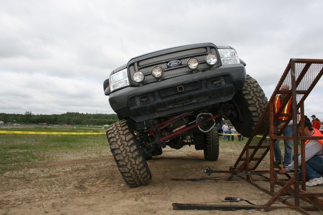 Front view of a lifted Ford F-Series truck with large tires, tilted on an obstacle