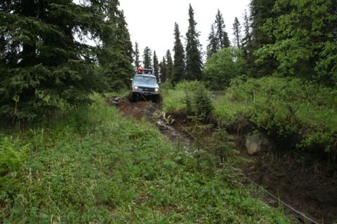 1990 Chevrolet Suburban - A light blue Chevrolet Suburban is being pulled up a muddy incline by a winch cable. The vehicle is surrounded by dense green forest and tr…