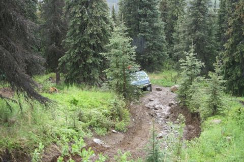 1990 Chevrolet Suburban - A light blue SUV is navigating a muddy, rocky trail through a dense forest. The vehicle is partially obscured by trees and foliage.