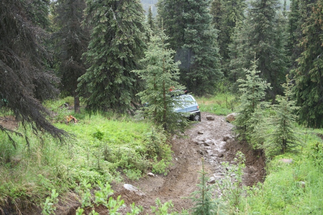 Light blue SUV on a muddy, rocky forest trail.