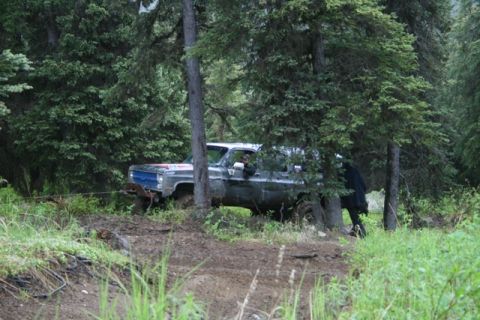 1990 Chevrolet Suburban - A weathered, dark-colored Chevrolet Suburban is stuck in mud and trees, with a tow rope attached to the front bumper, suggesting it is bein…