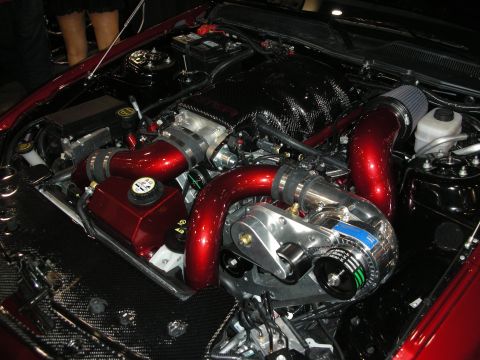 1998 Ford Crown Victoria - Modified engine bay showing a supercharger and candy red intake piping under an open hood.