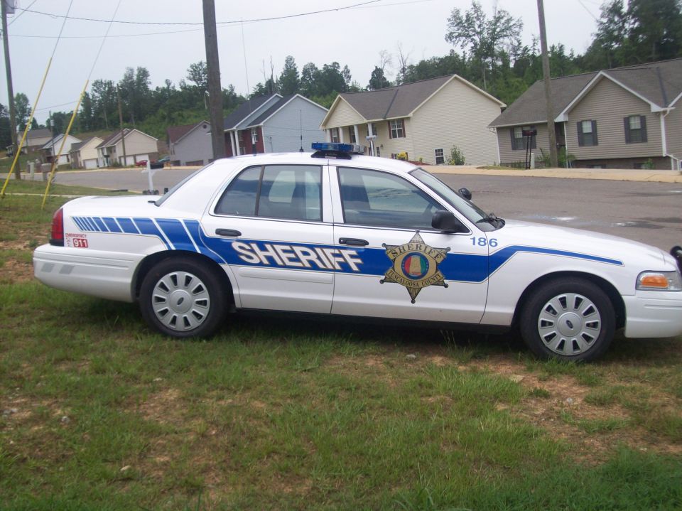 White Ford Crown Victoria sheriff patrol sedan parked on grass, side view