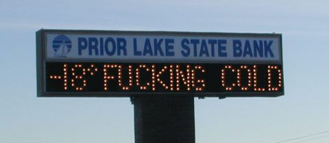 1972 Pontiac Grand Prix - A bank sign humorously displays the frigid temperature as -15 degrees and "FUCKING COLD".