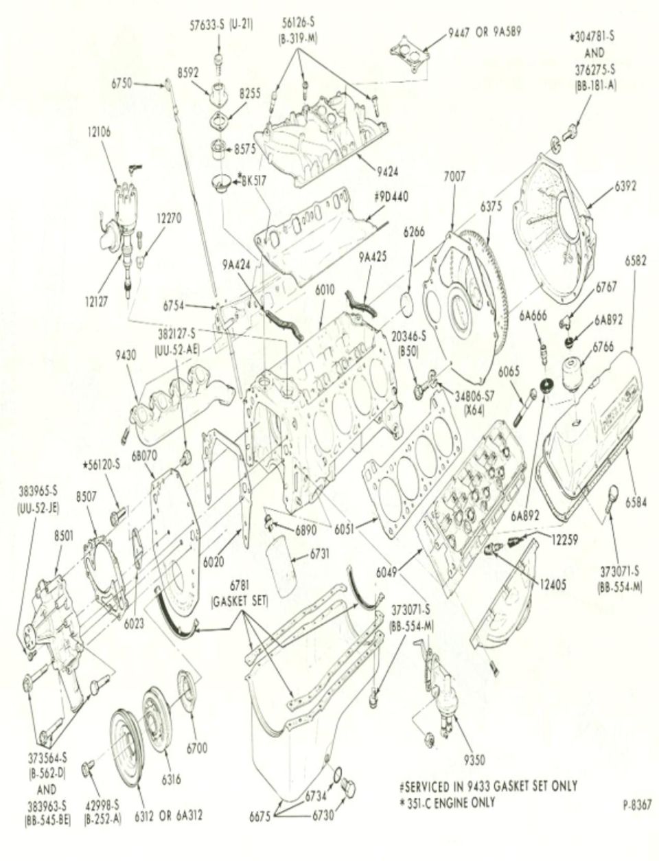 Ford V8 engine exploded-view parts diagram with numbered components