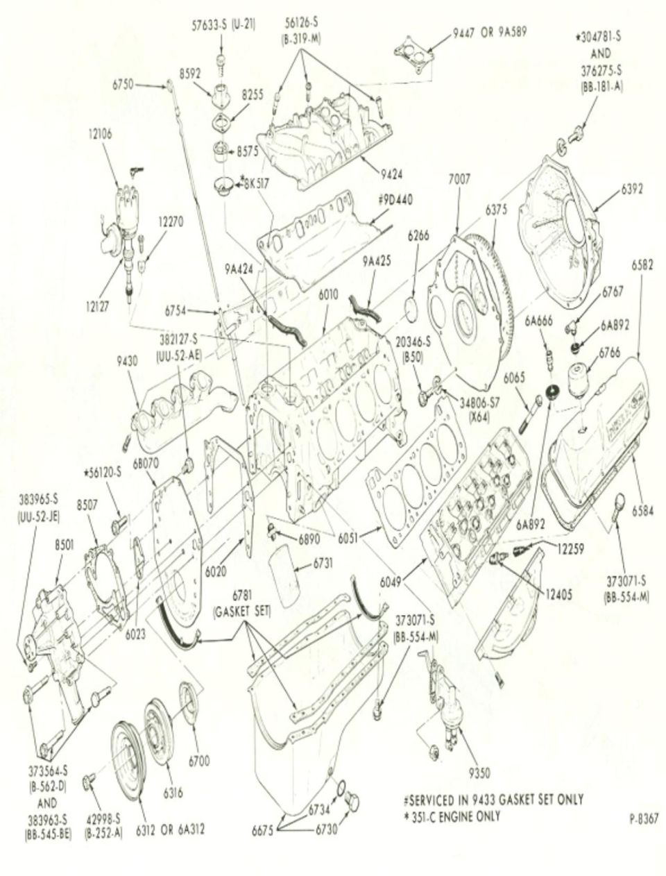 Ford V8 engine exploded-view parts diagram with numbered components