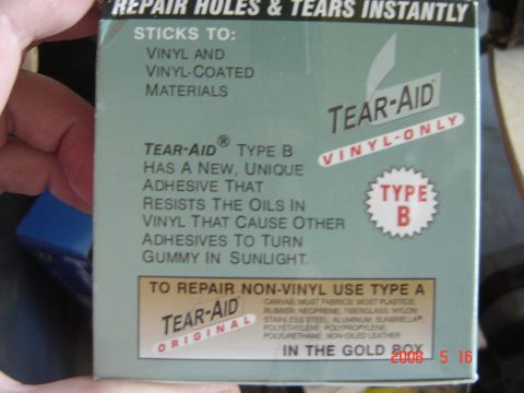 1993 Ford Bronco - This box for Tear-Aid vinyl repair kit details its adhesive properties and application instructions for vinyl and non-vinyl materials.